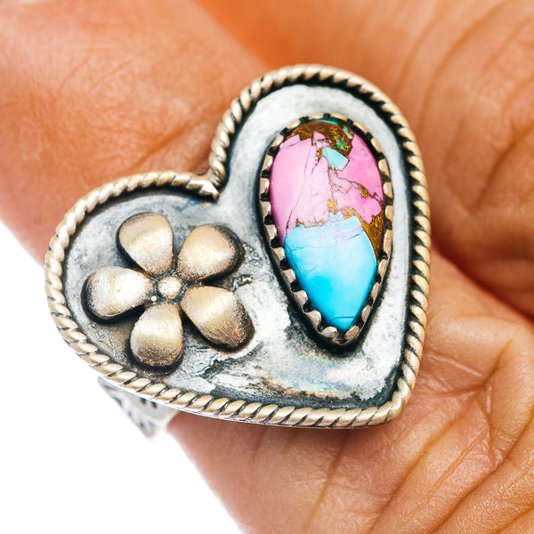 Exclusive Southwestern Style Cotton Candy Turquoise Heart Ring Size 6 Adjustable (.925 Sterling Silver)