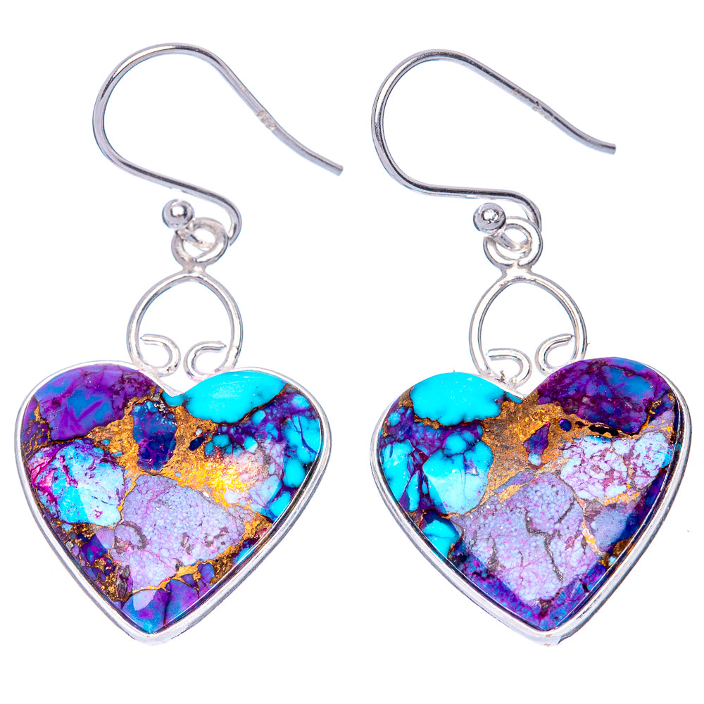 Purple and turquoise heart drop earrings with 925 sterling silver ear wires