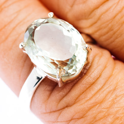 Faceted Prasiolite Ring Size 8.75 (.925 Sterling Silver)