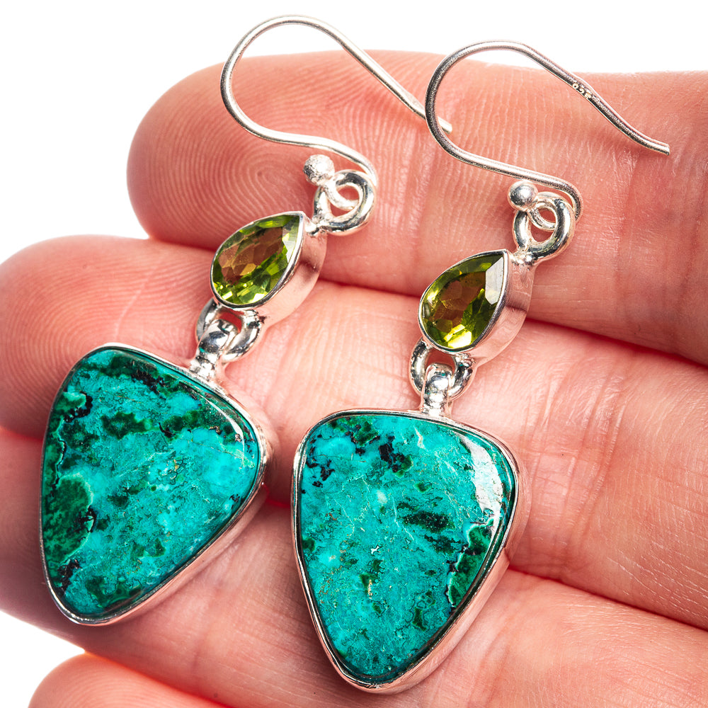 Malachite In Chrysocolla, Peridot 925 Sterling Silver Earrings 1 3/4"