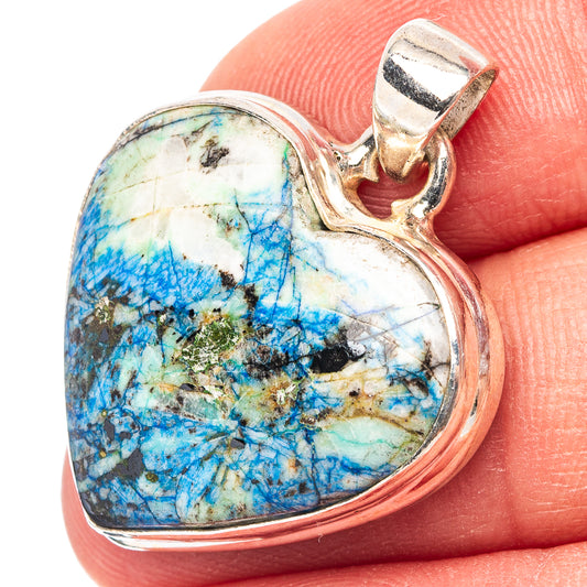 .925 sterling silver heart pendant with blue-green azurite stone and top bail