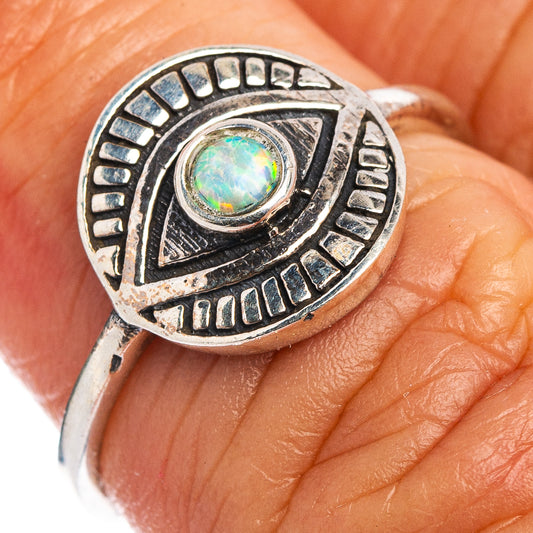 Sterling silver opal dainty eye ring with engraved detail and round opal cabochon