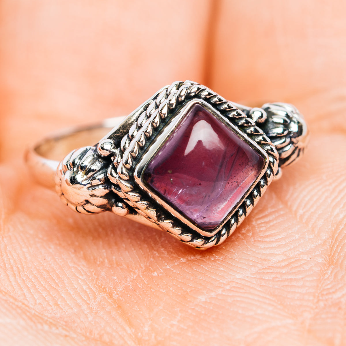 925 sterling silver amethyst ring, square purple stone with rope-textured band