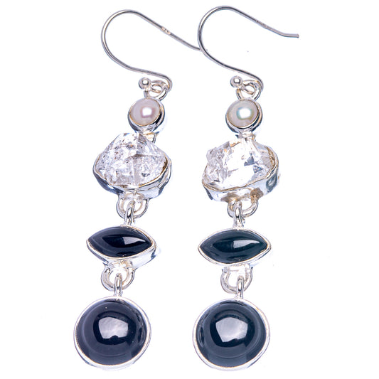 Premium Black Onyx, Herkimer Diamond, Cultured Pearl Earrings 2 1/4" (925 Sterling Silver) E1780