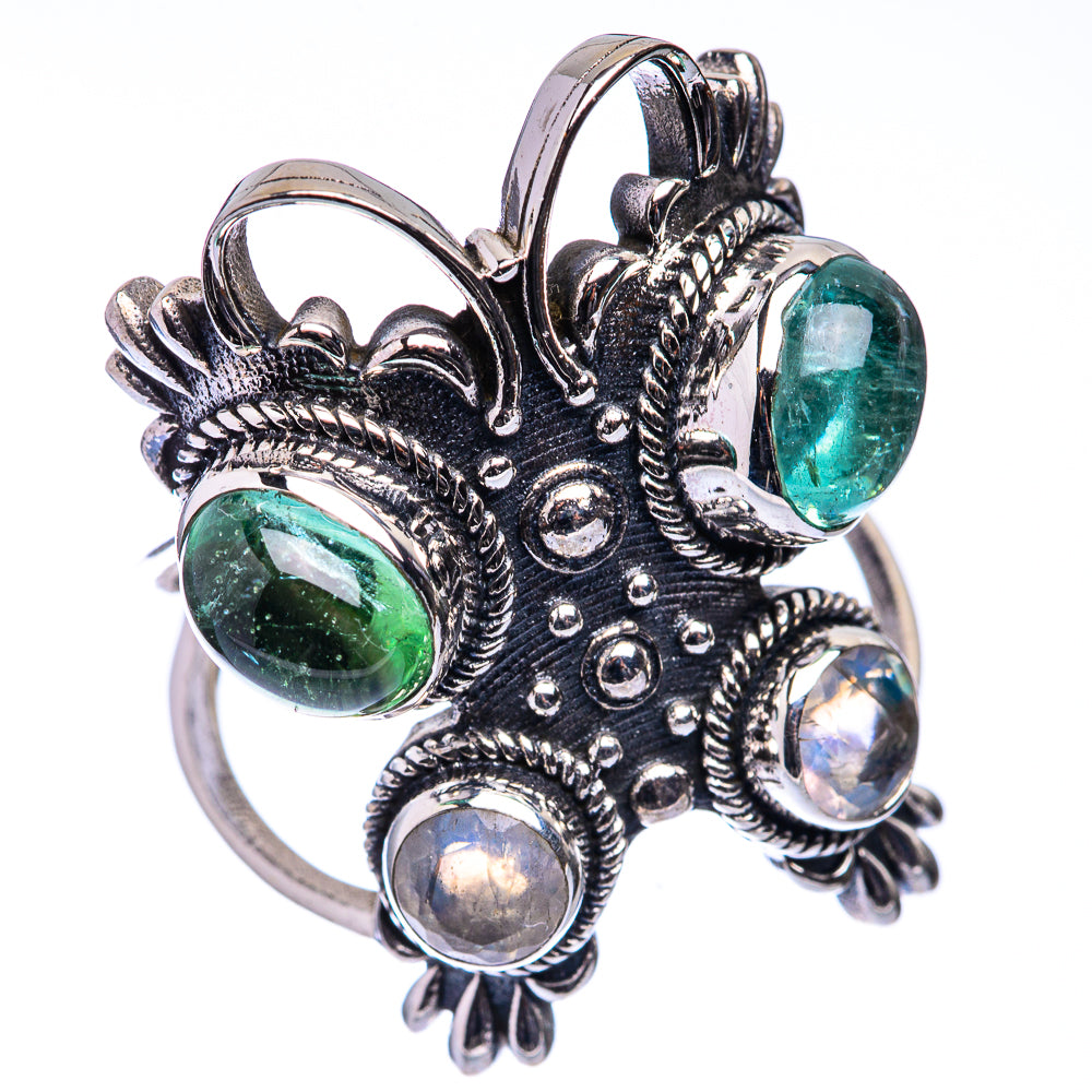 Large Green Tourmaline, Rainbow Moonstone Ring Size 9 (925 Sterling Silver) R141225