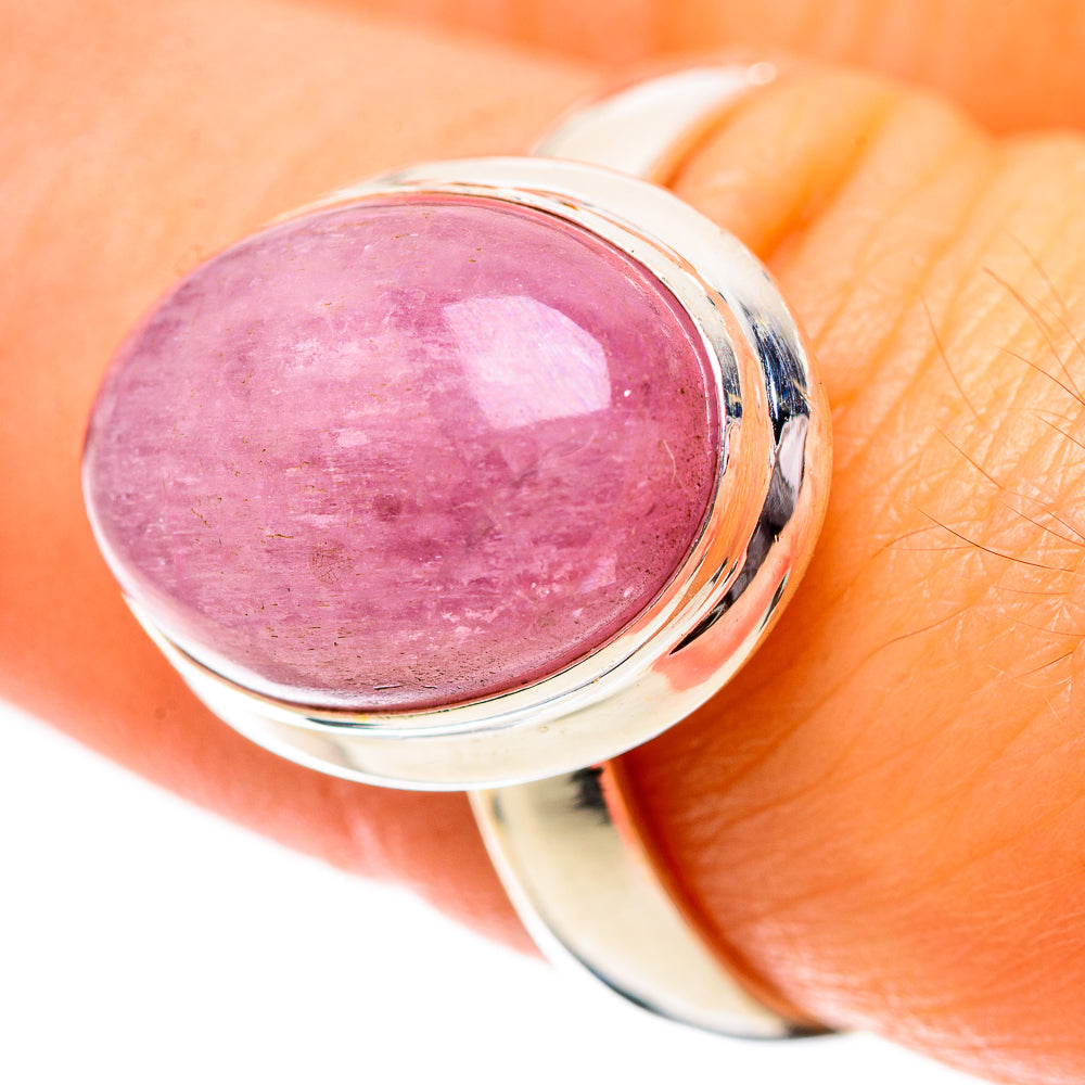 Sterling silver oval pink gemstone ring, size 8, top view