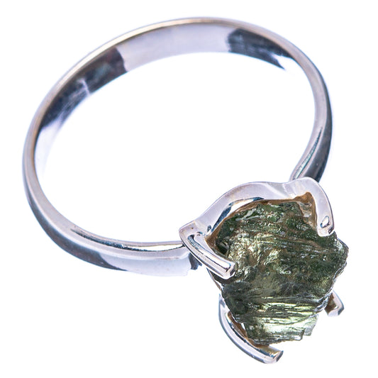 Sterling silver band ring with green rough moldavite stone in four-prong setting