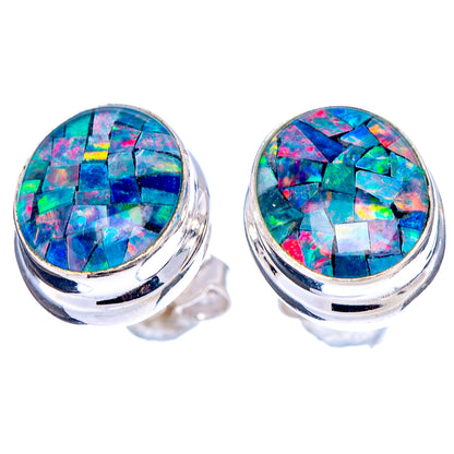 Round opal mosaic stud earrings with .925 sterling silver bezels, colorful blue green pink