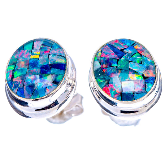 Round opal mosaic stud earrings with .925 sterling silver bezels, colorful blue green pink