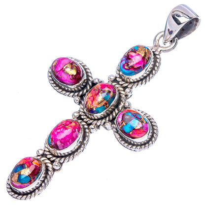 Kingman Pink Dahlia Turquoise Cross Pendant 2" (925 Sterling Silver) P43100