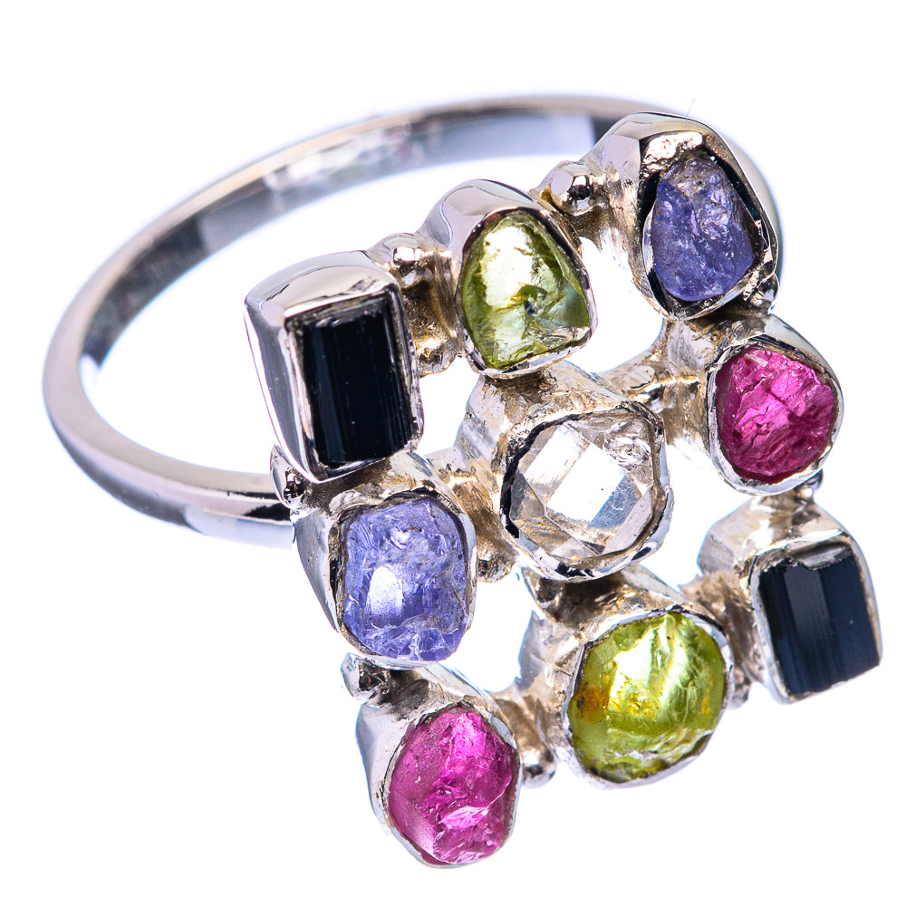 Silver raw tourmaline ring with multicolor stones and black square accents