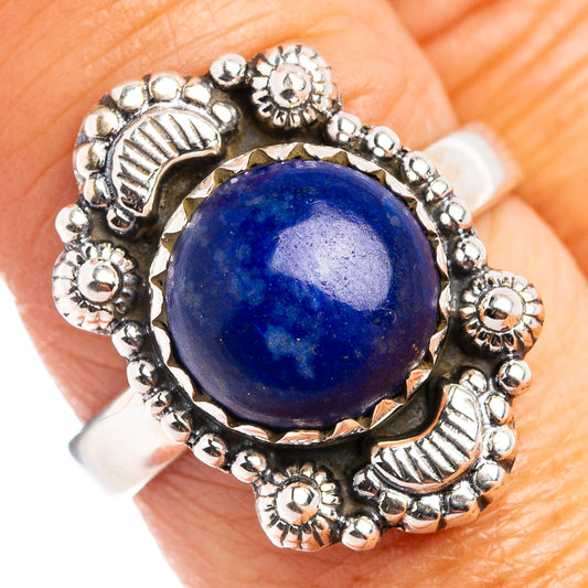 Round lapis lazuli sterling silver ring with ornate beaded bezel setting