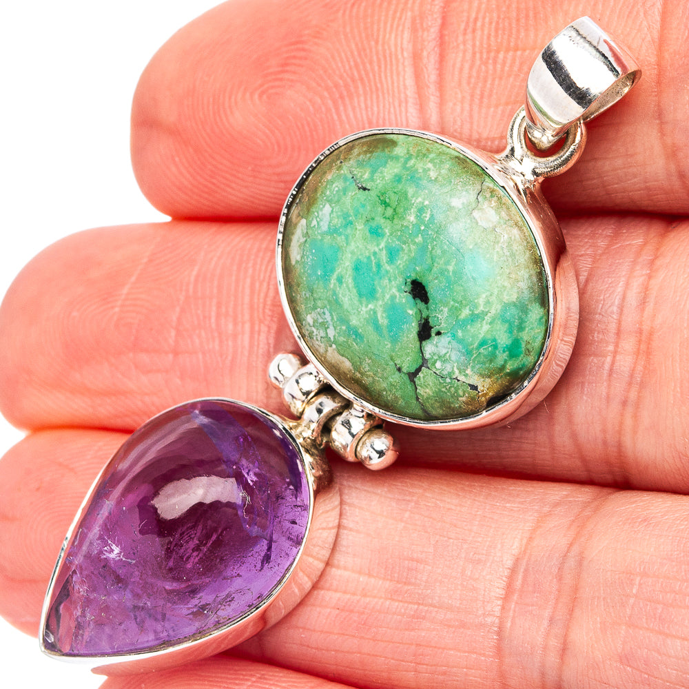 Premium Tibetan Turquoise, Amethyst Pendant 2" (.925 Sterling Silver)