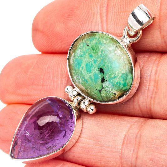 925 sterling silver pendant with green turquoise round stone and purple amethyst teardrop