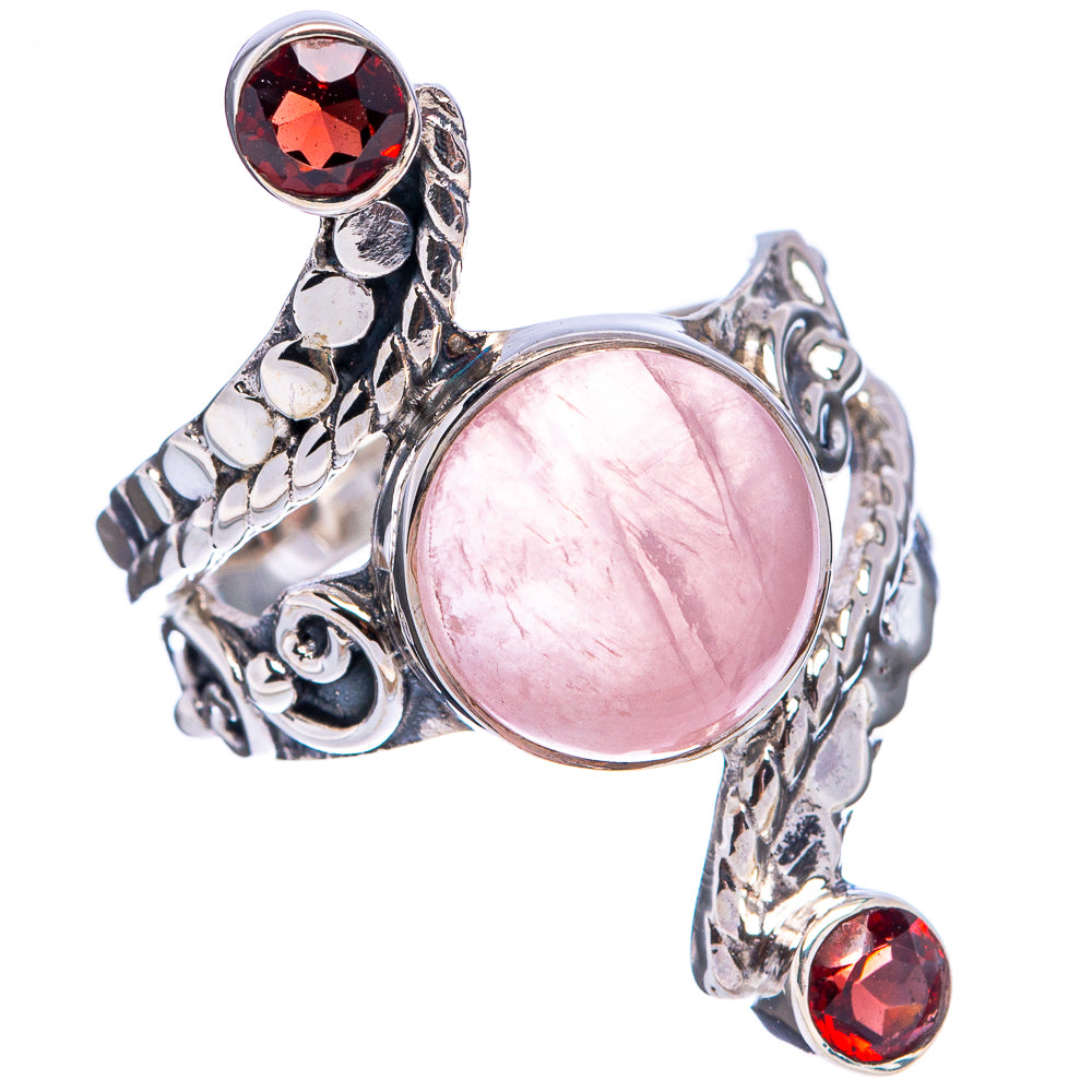 Premium Rose Quartz, Garnet Ring Size 5.75 (.925 Sterling Silver)