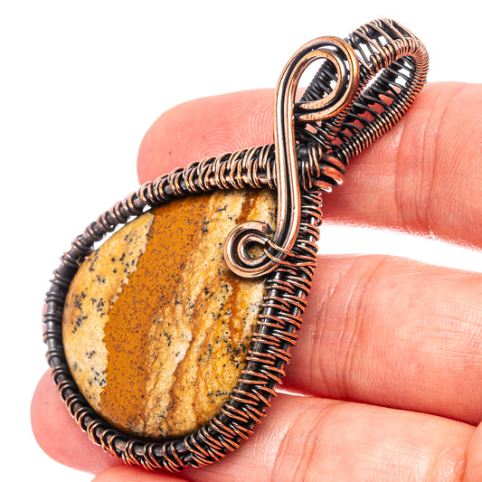 Oxidized copper wire-wrapped picture jasper teardrop pendant with loop bail