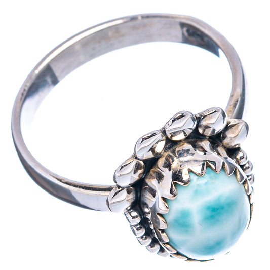 Sterling silver ring with oval light-blue larimar cabochon in leaf-like crown setting