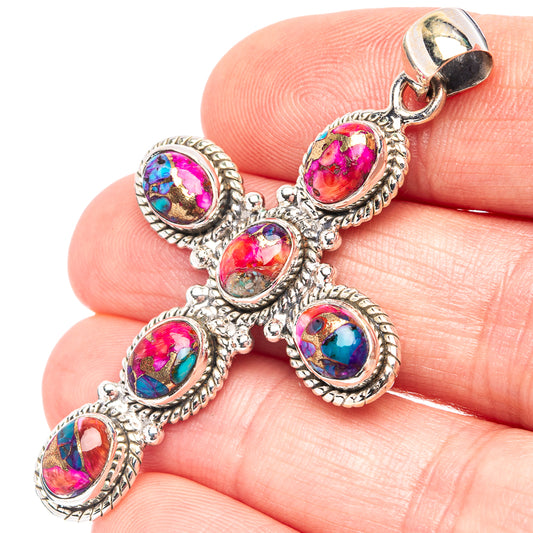 Sterling silver cross pendant with oval multicolor gemstone cabochons and bail