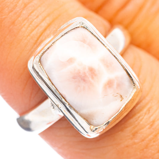 Pink natrolite gemstone ring in .925 sterling silver, square bezel with polished band
