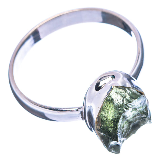925 sterling silver ring with large rough green moldavite stone and curved band
