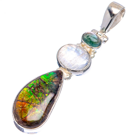 Sterling silver pendant with ammolite and moonstone, plus green tourmaline cabochons