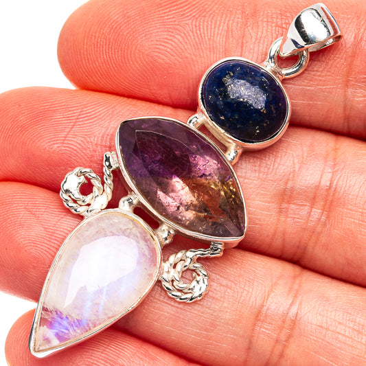 .925 sterling silver pendant with round lapis, amethyst-toned teardrop, and opal moonstone