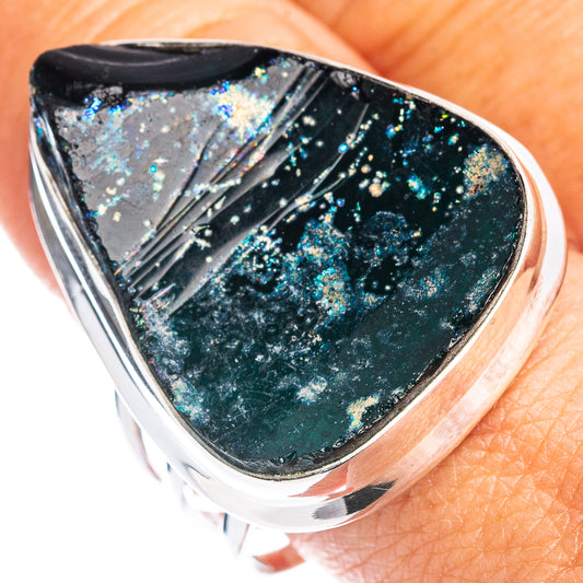 Sterling silver Roman glass ring with dark teal/black speckled cabochon centerpiece