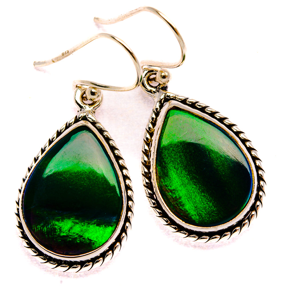 Sterling silver teardrop opal earrings, green center with rope-edged bezel and lever hooks