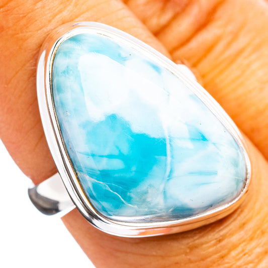 Sterling silver larimar ring with oval blue gemstone cabochon, smooth bezel setting
