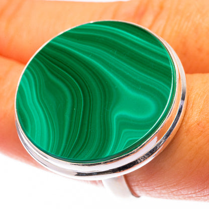 Large malachite coin ring with green striped stone and shiny 925 sterling silver band