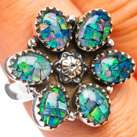 Silver opal cluster ring with six oval rainbow opal cabochons and ornate bezel settings