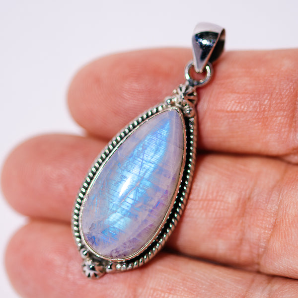 Large AAA Rainbow Moonstone Pendant 1 3/4" (.925 Sterling Silver)