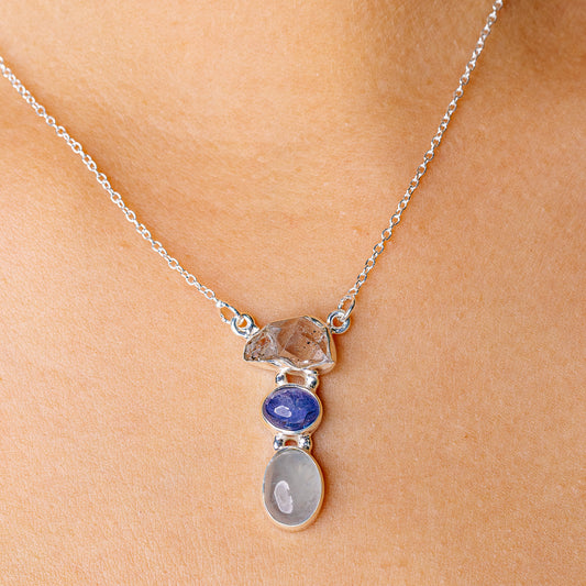 Rainbow Aquamarine, Kyanite, Herkimer Diamond Necklace 16.5" (925 Sterling Silver) N90258