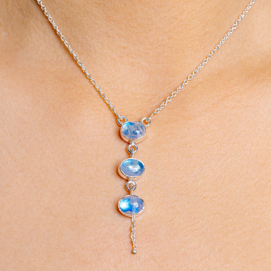925 sterling silver necklace with three round blue moonstone cabochons