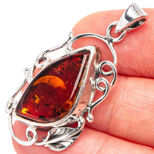 Sterling silver amber leaf pendant with teardrop amber stone, openwork leaves