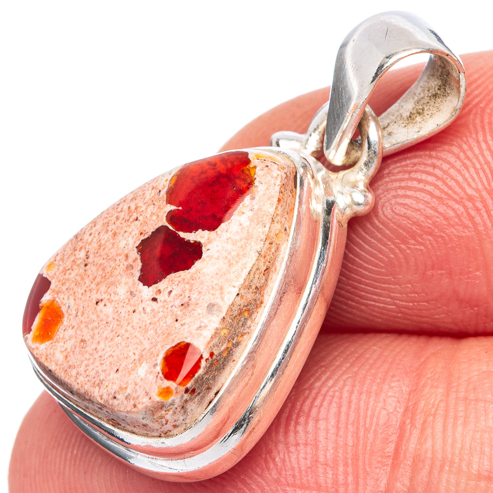 Sterling silver oval fire opal pendant with red, orange matrix stone, hinged bail