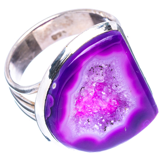 Purple druzy agate ring, angled view with sterling silver bezel and band