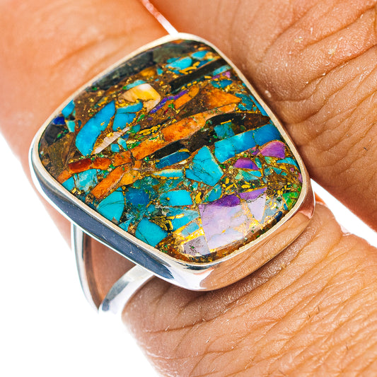 Turquoise mosaic inlay sterling silver ring, oval bezel, close on hand