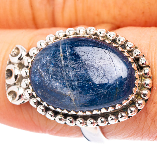 Kyanite oval cabochon sterling silver ring, size 8.5, round bead halo