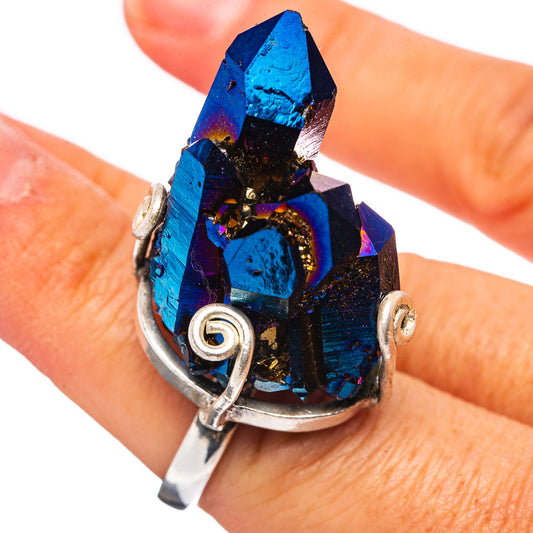 925 sterling silver ring with blue and purple aura quartz stone, worn on hand