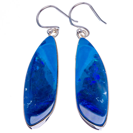 Blue teardrop opal earrings with silver hooks, bezel-set drop style