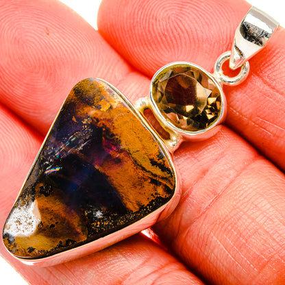 Boulder Opal, Smoky Quartz 925 Sterling Silver Pendant 2" (925 Sterling Silver) PD38295