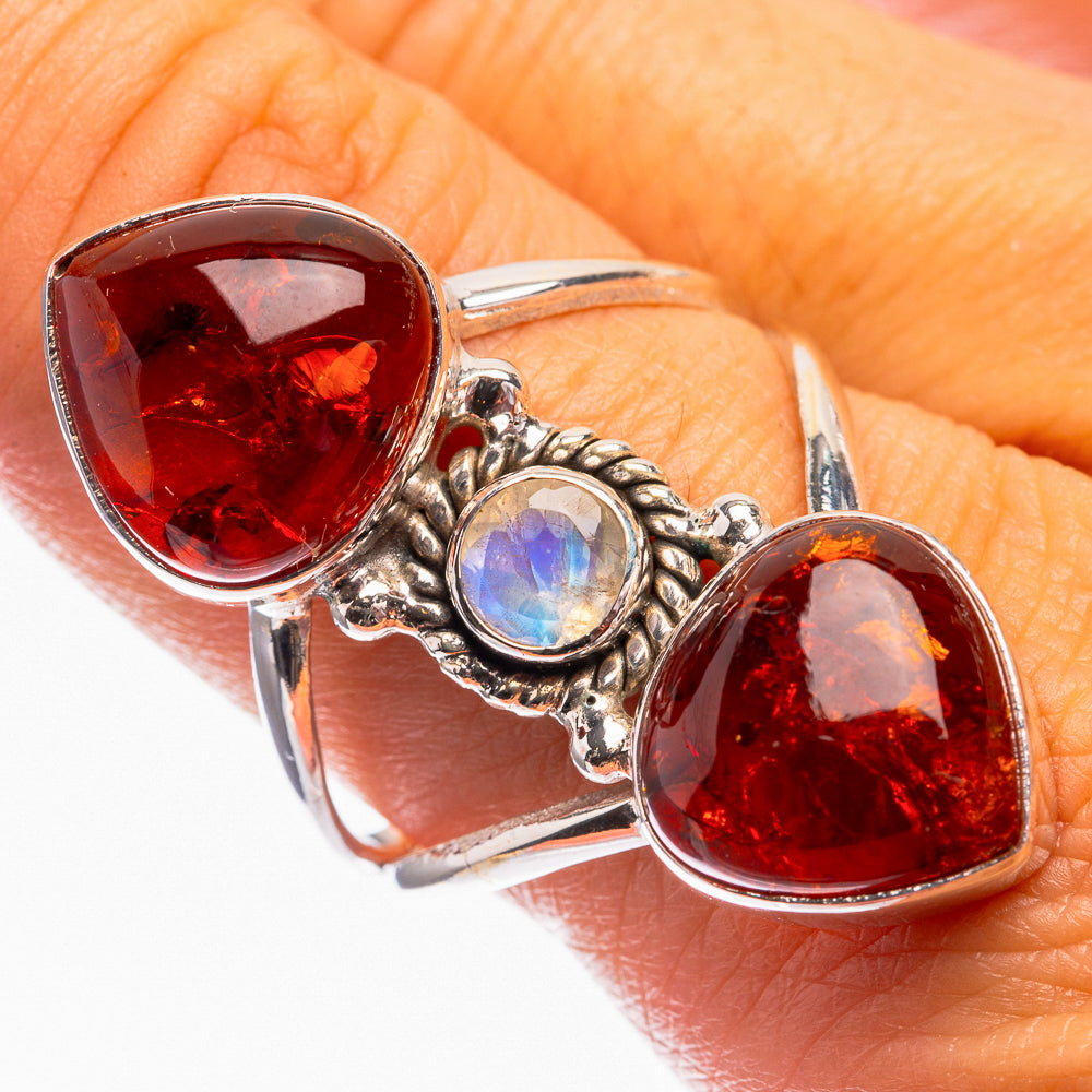 Large Baltic Amber, Rainbow Moonstone Ring Size 9.75 (925 Sterling Silver) R142203