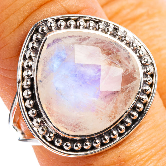 Sterling silver oval moonstone ring with rainbow sheen and beaded edge, size 7.75