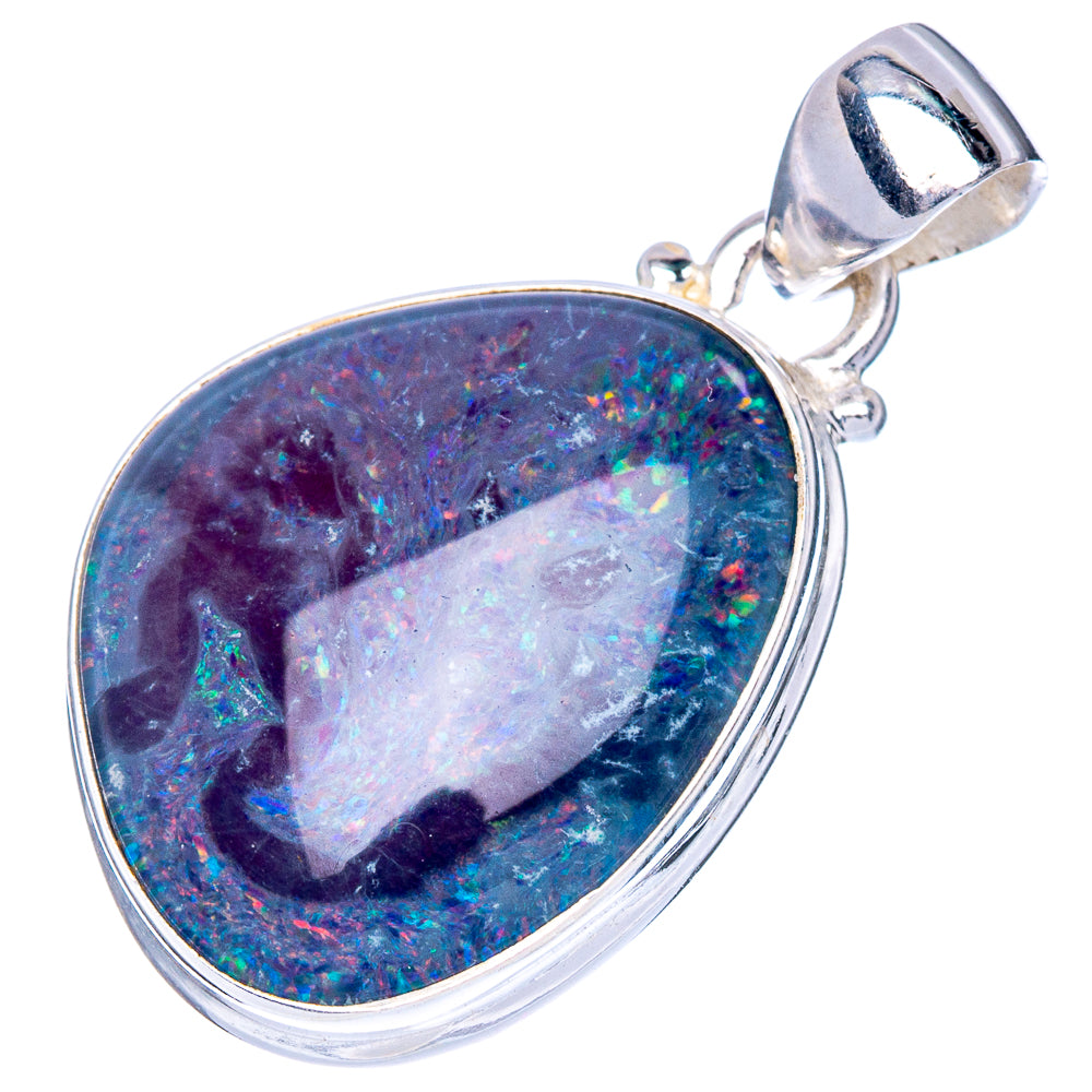 Oval blue opal pendant with vivid green flash, sterling silver bezel and bail