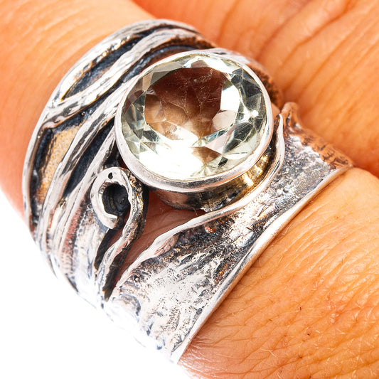 Green amethyst sterling silver ring with swirl engraved band, oval bezel stone