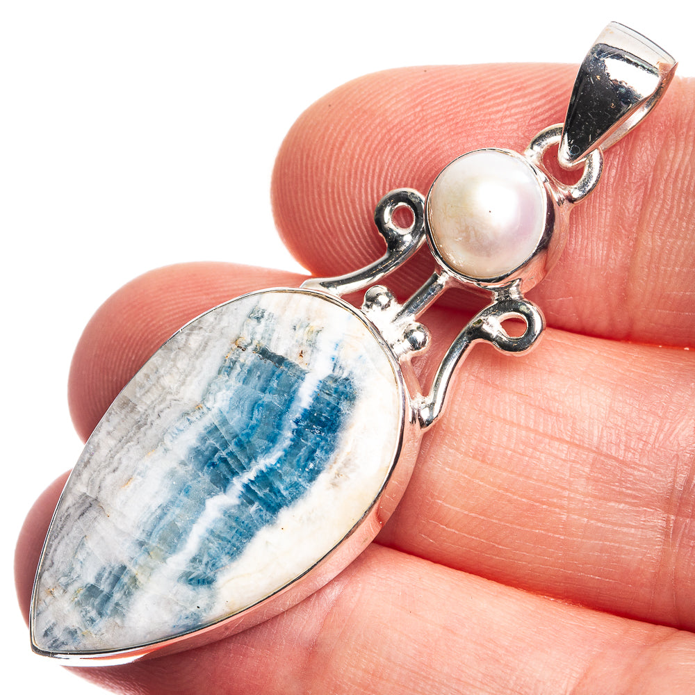 Blue Scheelite, Cultured Pearl Pendant 2" (925 Sterling Silver) P39079