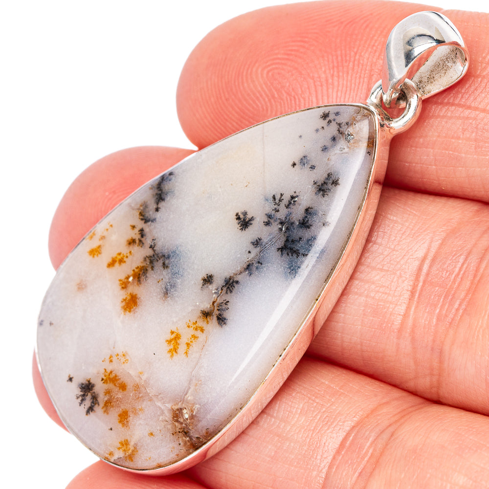 Teardrop dendritic agate pendant, cream stone with black and amber dendrites, silver bail