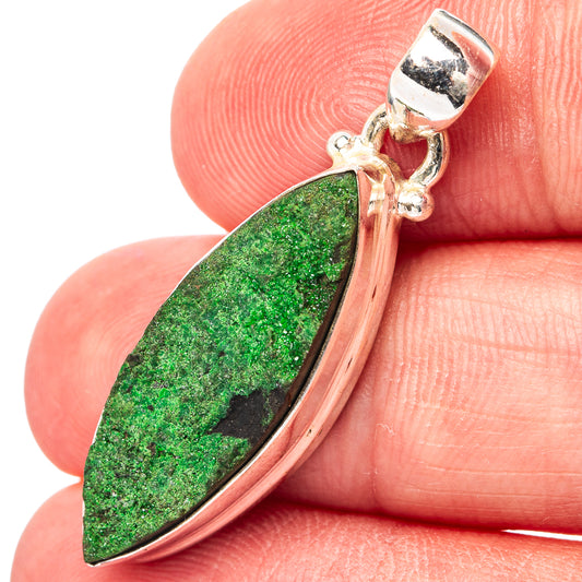 Green teardrop druzy stone pendant in .925 sterling silver setting.