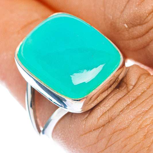 Sterling silver ring with turquoise-green chrysoprase cabochon, rounded square bezel